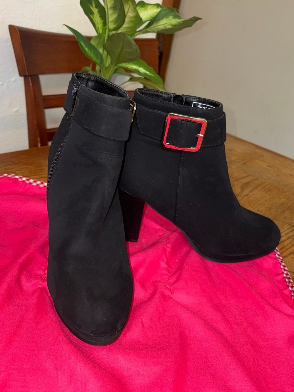 Mauri Black Suede Ankle Booties with Red-Trim Buckle Accent